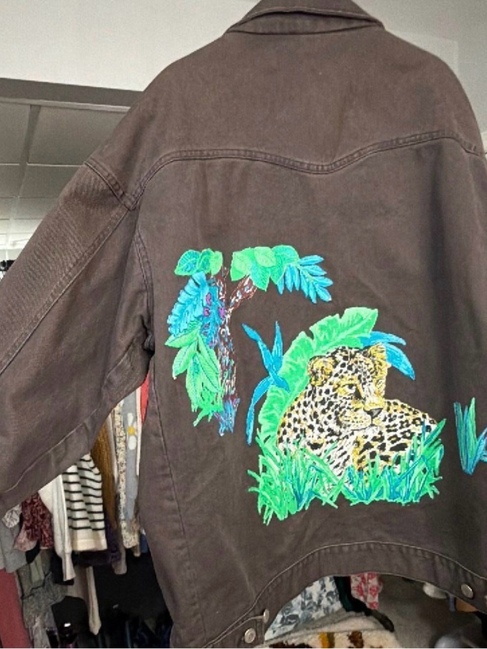 UPCYCLED Brown Embroidered Leopard Oversized Jacket